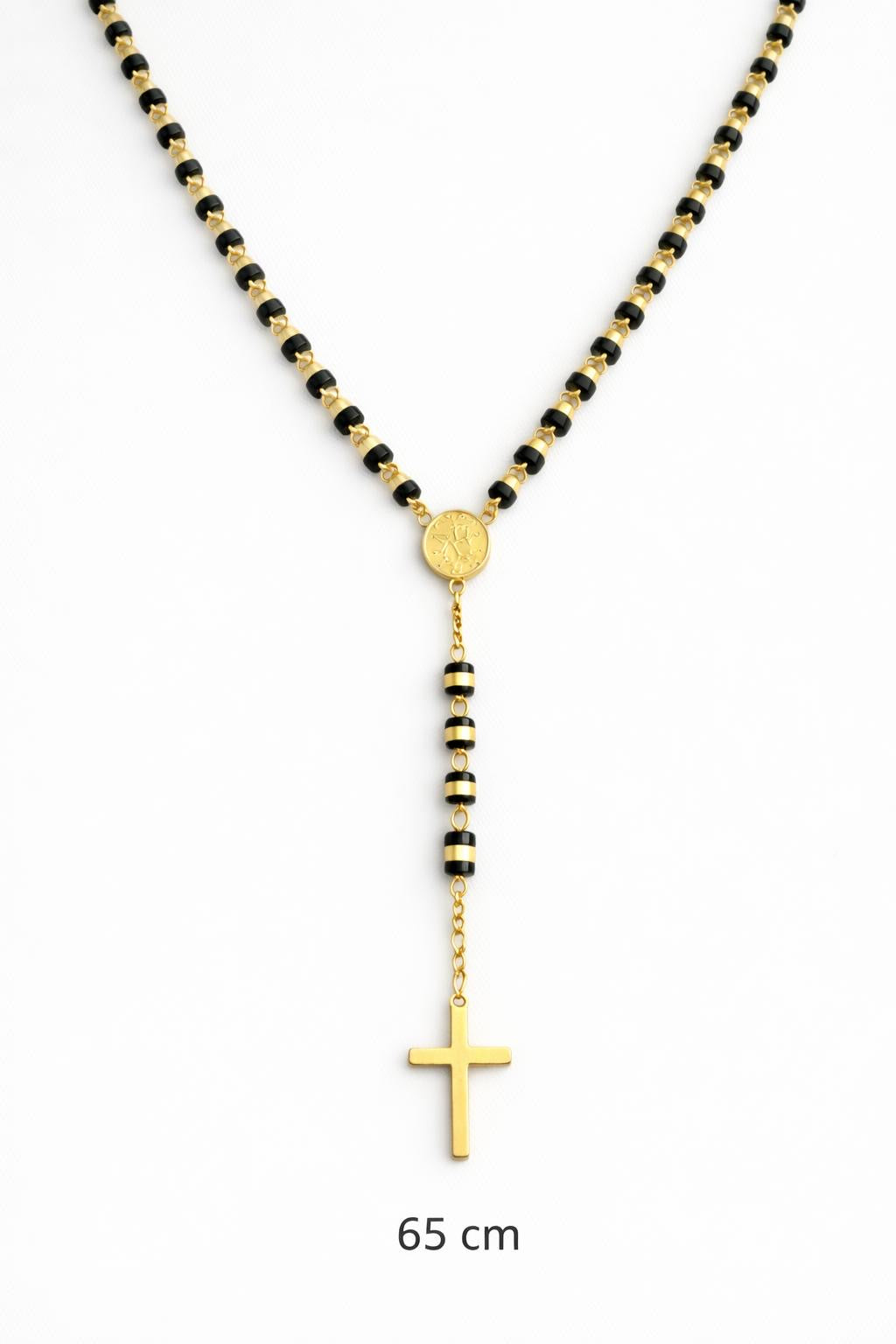 Black & Gold Rosary Cross Necklace