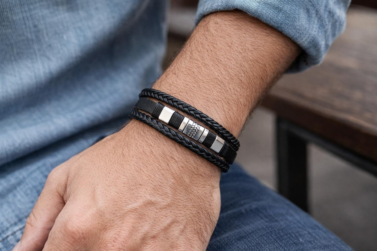 Blue & Black Braided Leather Bracelet