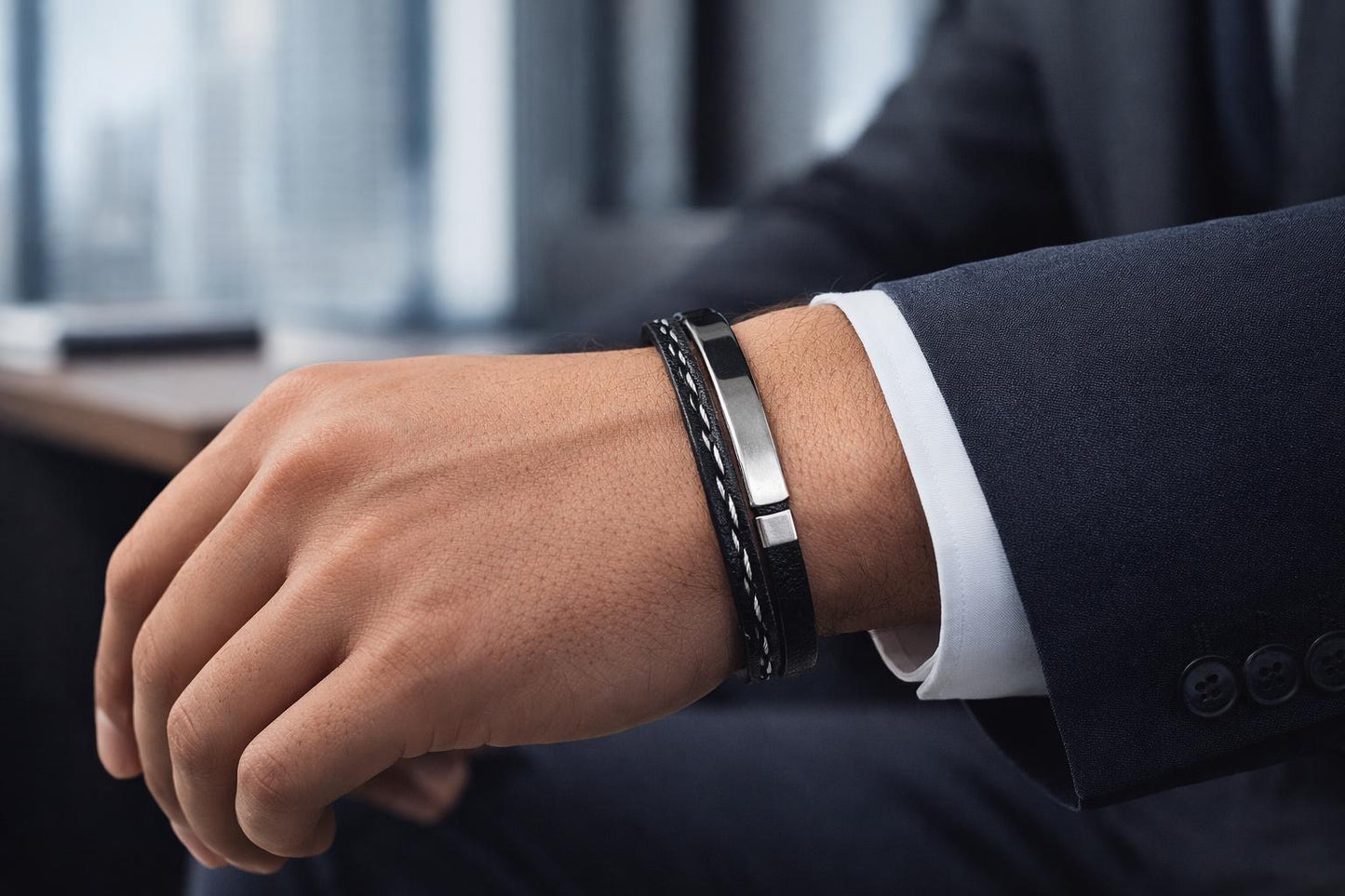 Men’s Black Steel Duo Bracelet – Stainless Steel & Semi Leather