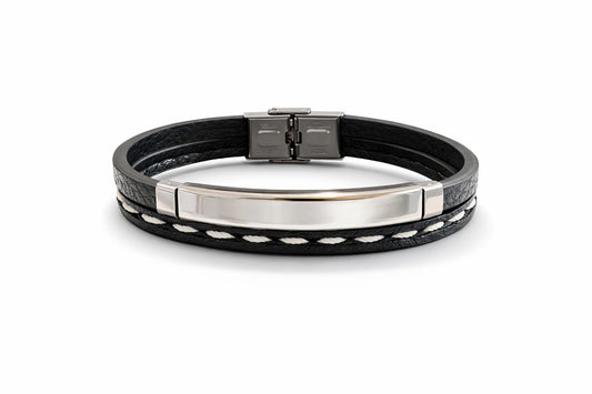 Men’s Black Steel Duo Bracelet – Stainless Steel & Semi Leather