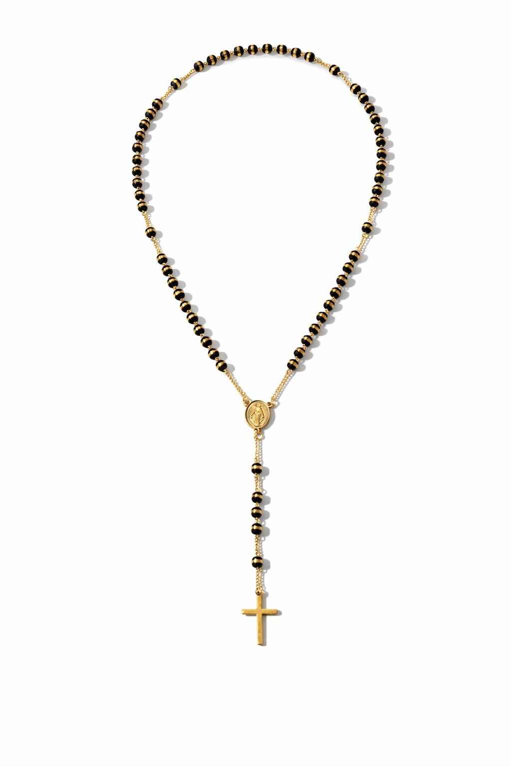Black & Gold Rosary Cross Necklace