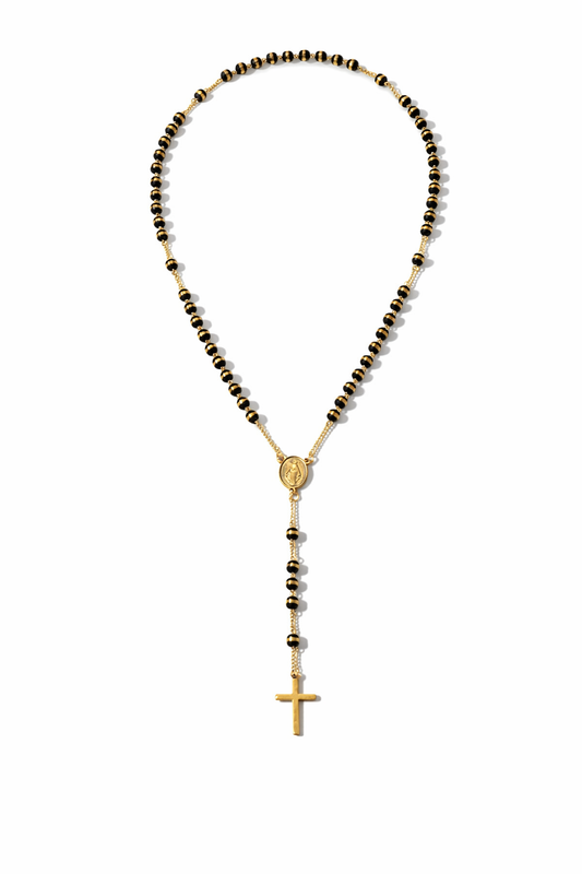 Black & Gold Rosary Cross Necklace