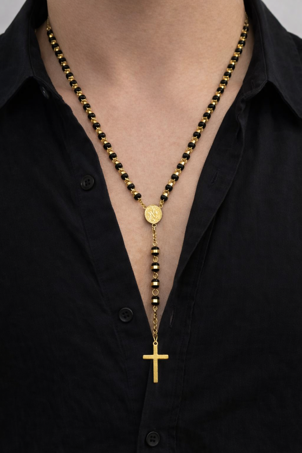 Black & Gold Rosary Cross Necklace